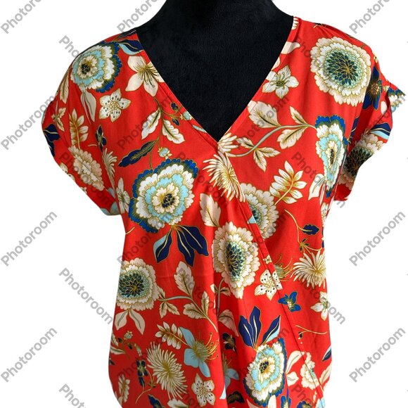 Express Medium Orange Floral Cap Sleeve Faux Wrap Blouse - Picture 1 of 4